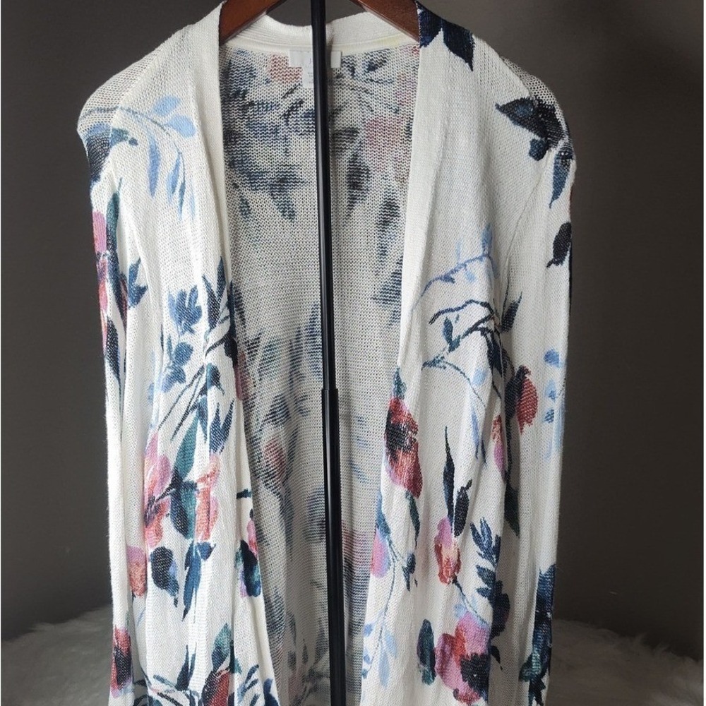 J. Jill Cardigan Womens Medium Petite White Floral Linen Blend Open Front Duster